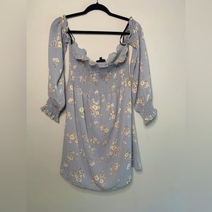 Blue and cream floral off shoulder dress from ASOS